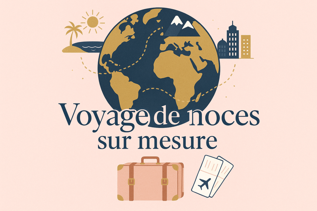 Illustration romantique voyage de noces sur mesure globe valise billets avion