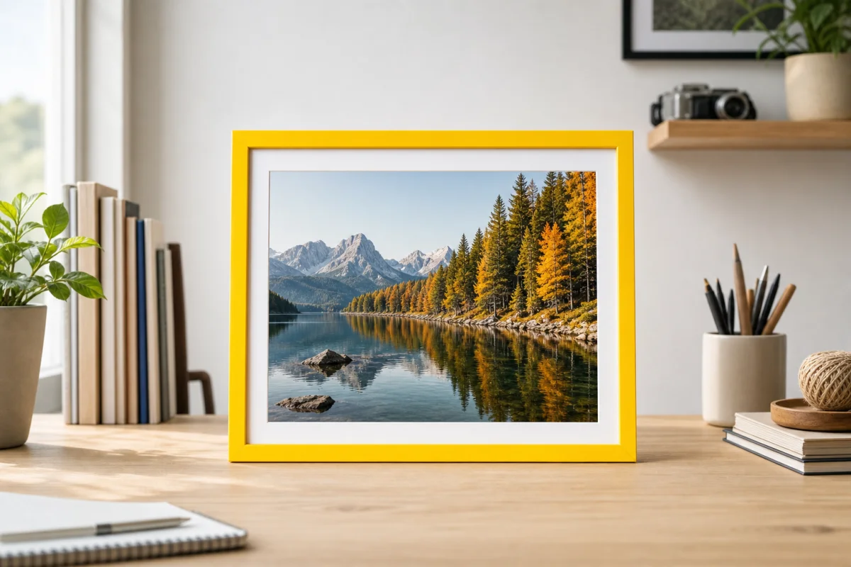 Photographie de paysage mise en valeur par un cadre minimaliste coloré posé sur une table en bois clair.