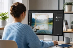 Personne utilisant un logiciel de retouche photo sur ordinateur pour ajouter un cadre décoratif à une image.