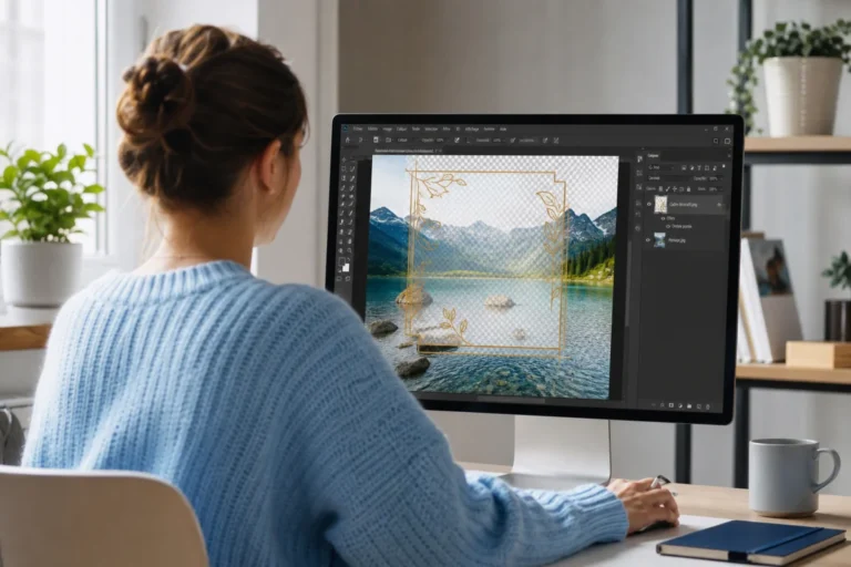 Personne utilisant un logiciel de retouche photo sur ordinateur pour ajouter un cadre décoratif à une image.