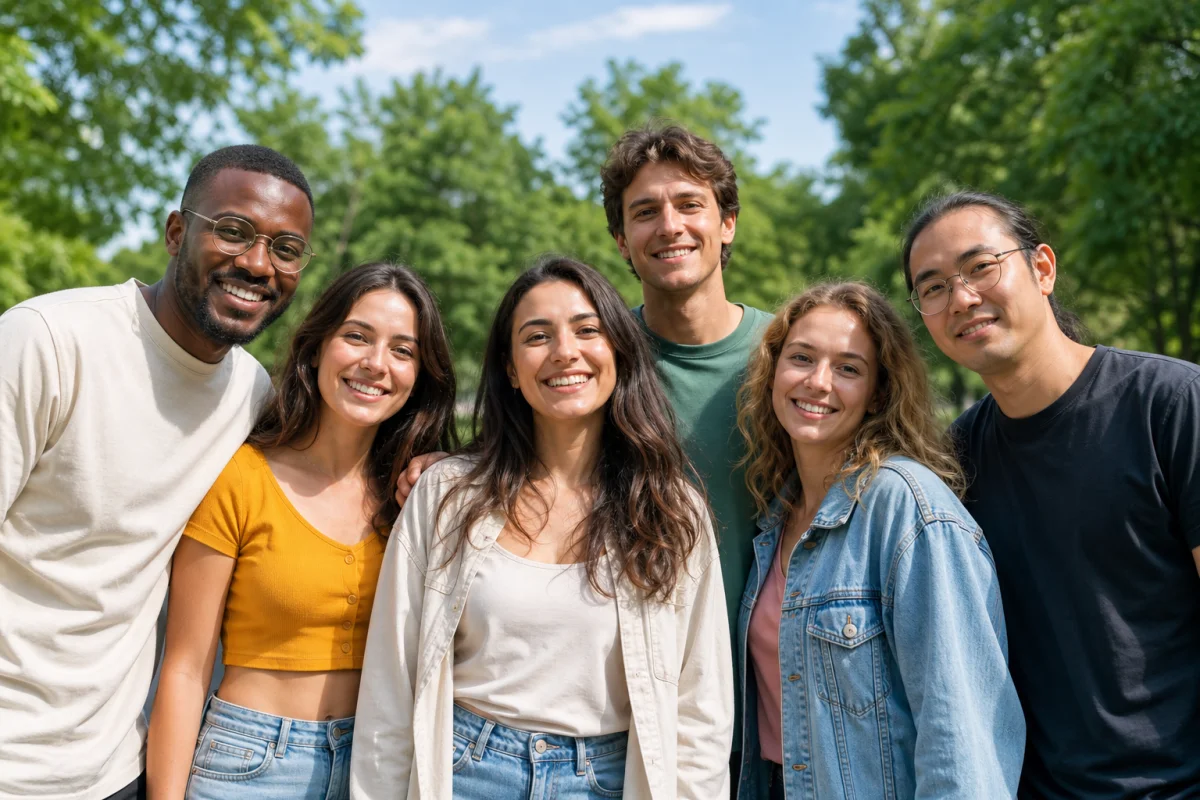 Personne souriante ajoutée naturellement à une photo de groupe dans un parc verdoyant pour illustrer le montage gratuit.