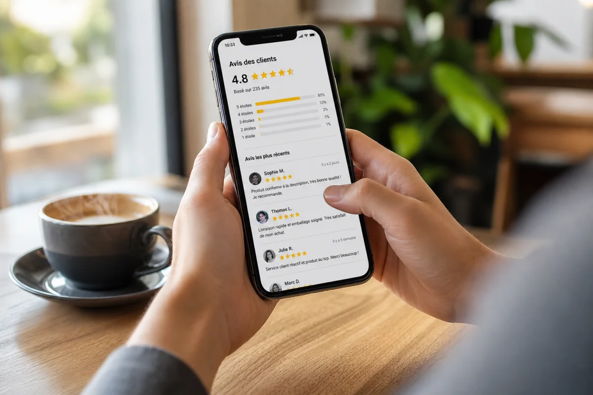 Mains tenant un smartphone affichant l'interface pour savoir comment mettre une photo sur un avis Google.