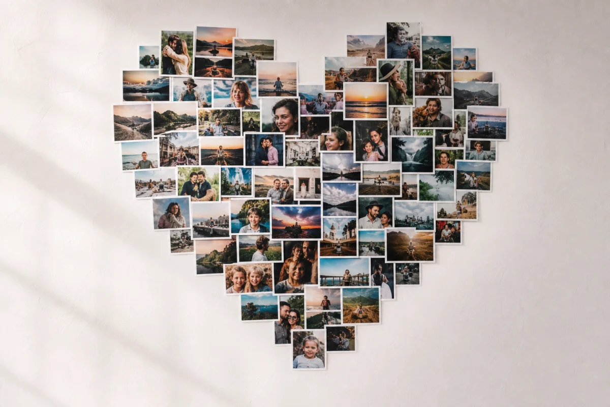 Collage artistique de portraits et paysages disposés en forme de cœur sur un mur blanc épuré.