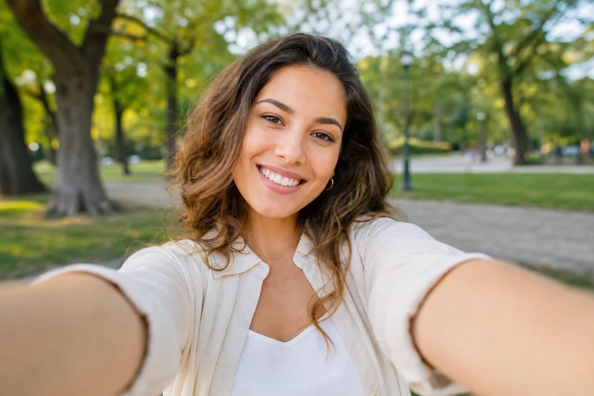 Jeune personne souriante prenant un autoportrait avec son smartphone dans un parc pour illustrer comment faire de belles photos.