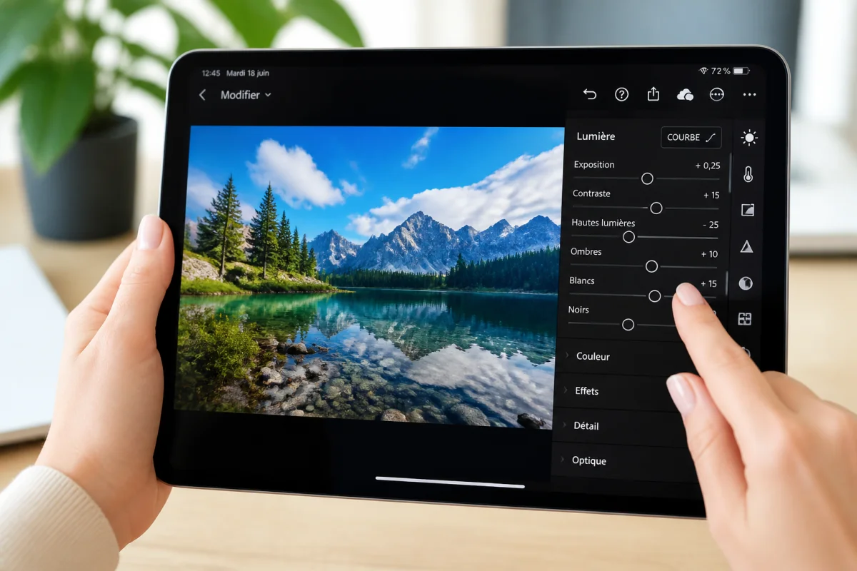 Personne utilisant une tablette pour apprendre comment inverser une photo sur une interface de retouche d'image moderne.