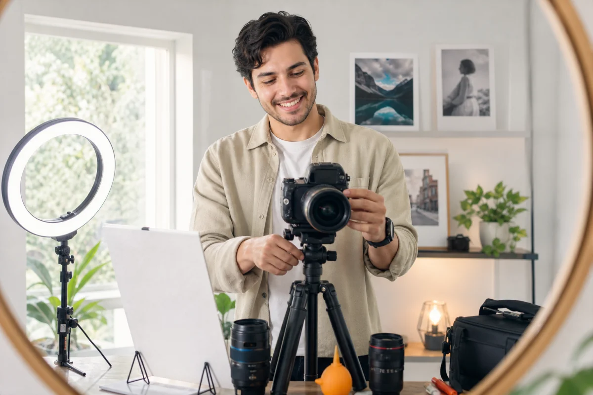 Personne enthousiaste installant un trépied et un anneau lumineux face à un miroir pour se prendre en photo seul.