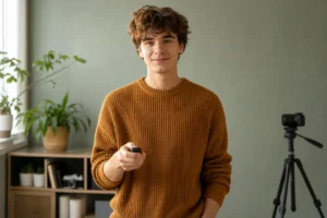 Personne souriante en pull ocre utilisant une télécommande Bluetooth pour apprendre comment se prendre en photo seul.