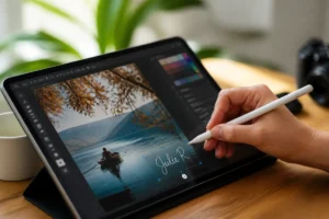 Main tenant un stylet sur une tablette graphique pour apprendre comment signer une photo de manière professionnelle.