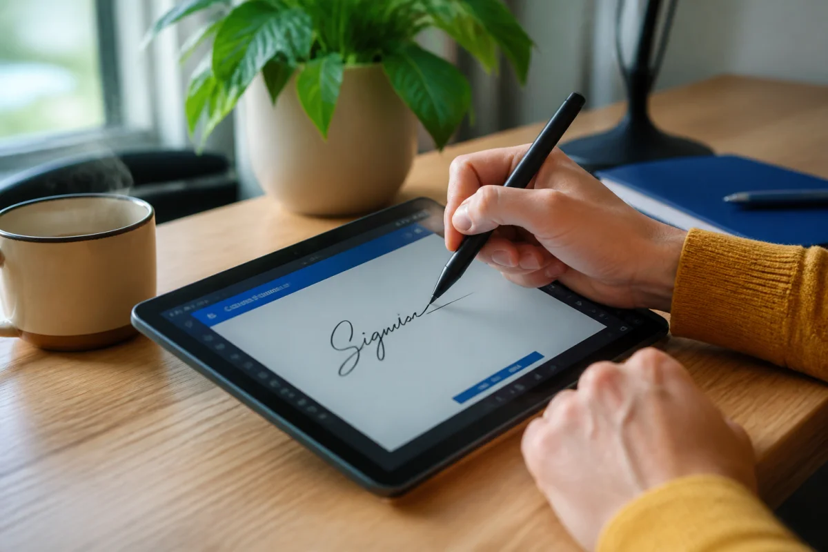 Gros plan sur une main utilisant un stylet sur tablette graphique pour apprendre comment signer une photo numériquement.