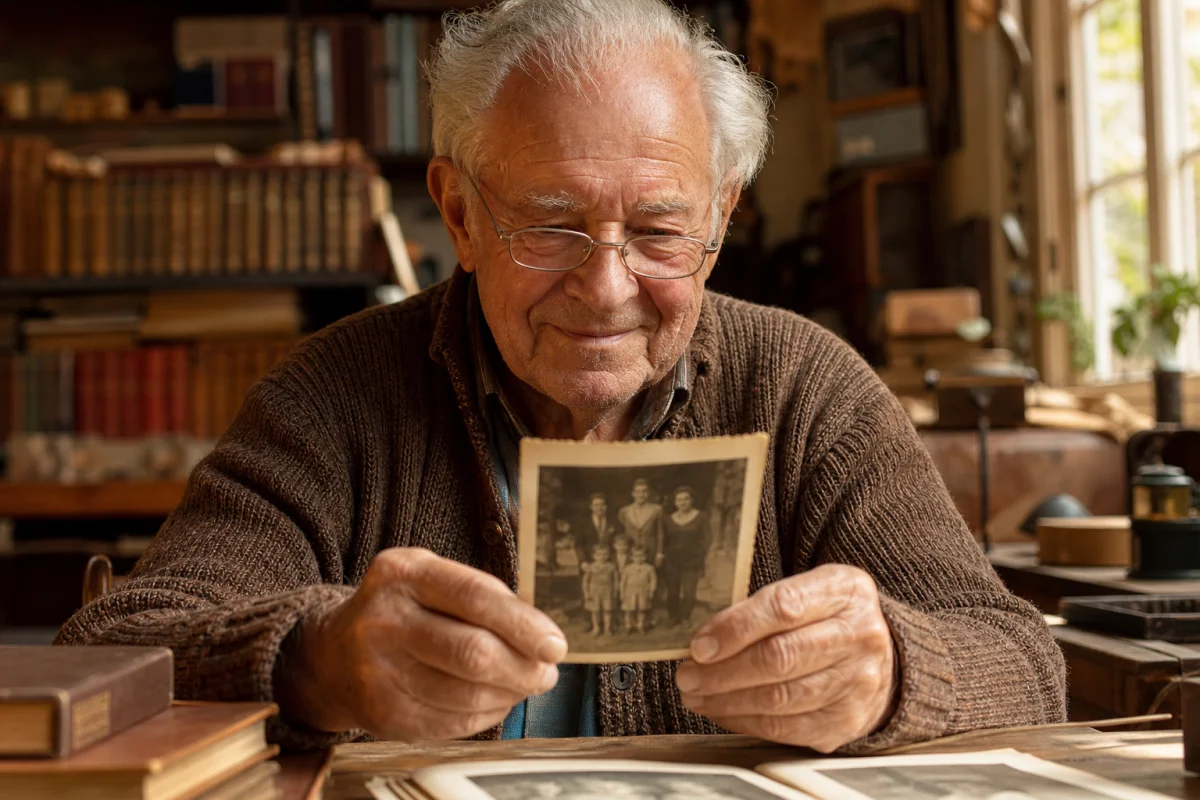 Personne âgée observant une photographie ancienne dans un atelier chaleureux pour apprendre comment vieillir une photo.