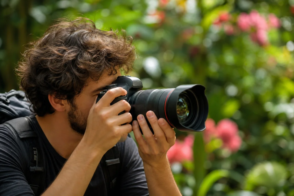 Photographe passionné utilisant un appareil reflex dans un jardin pour apprendre comment s'améliorer en photo avec précision.