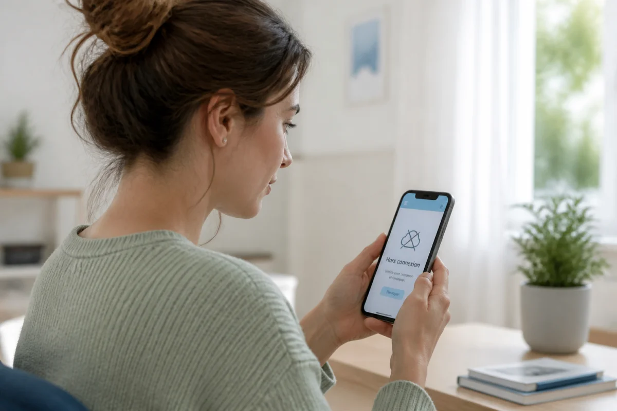 Femme consultant son smartphone dans un bureau lumineux pour apprendre comment désactiver Google Photo facilement.