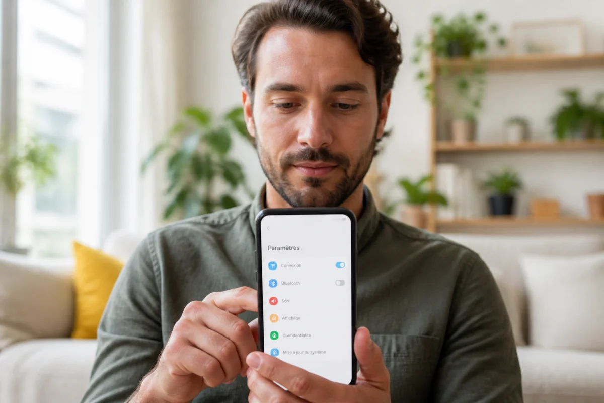Personne concentrée utilisant les paramètres de son smartphone pour apprendre comment désactiver Google Photo dans un salon lumineux.