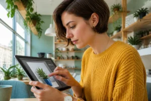 Jeune femme utilisant une tablette tactile pour retoucher une photo dans un café moderne et lumineux.