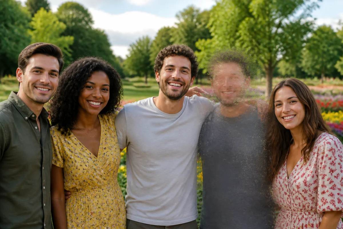 Personne souriante dans un parc pendant le processus pour apprendre comment effacer une personne sur une photo.