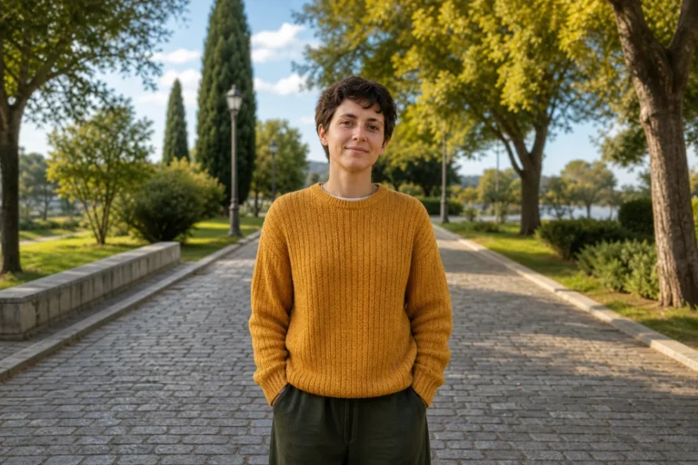 Personne en pull moutarde dans un parc urbain après avoir appris comment enlever un objet sur une photo.