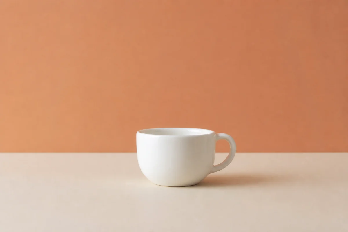 Tasse en céramique blanche isolée sur un fond pastel minimaliste pour illustrer comment enlever un objet sur une photo.