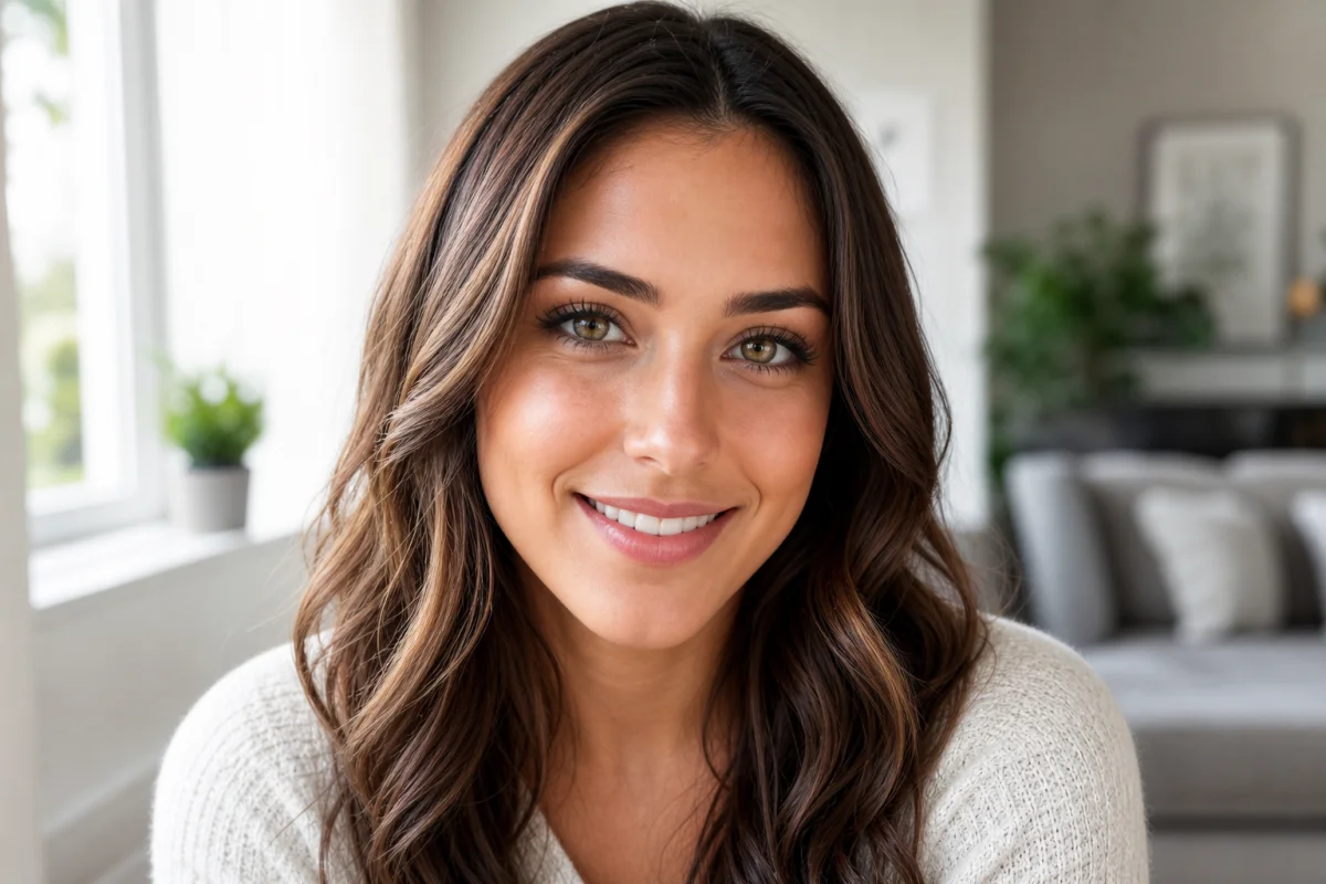Portrait en gros plan d'une jeune femme aux yeux clairs et nets, illustrant comment enlever yeux rouges sur photo.