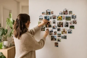 Personne disposant des photos carrées sur un mur blanc pour former un cœur décoratif dans un salon lumineux.