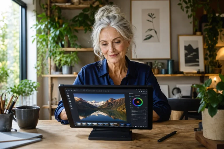 Femme âgée utilisant une tablette numérique dans un atelier lumineux pour apprendre comment vieillir une photo.