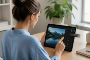 Jeune femme utilisant une tablette pour inverser une photo dans un bureau moderne et lumineux.