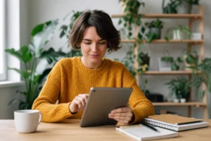 Jeune femme utilisant une tablette dans un bureau moderne pour vérifier si une photo est libre de droit.