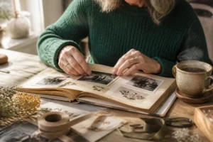 Personne assemblant un album avec de vieilles photos de famille dans un coin lecture chaleureux et ensoleillé.