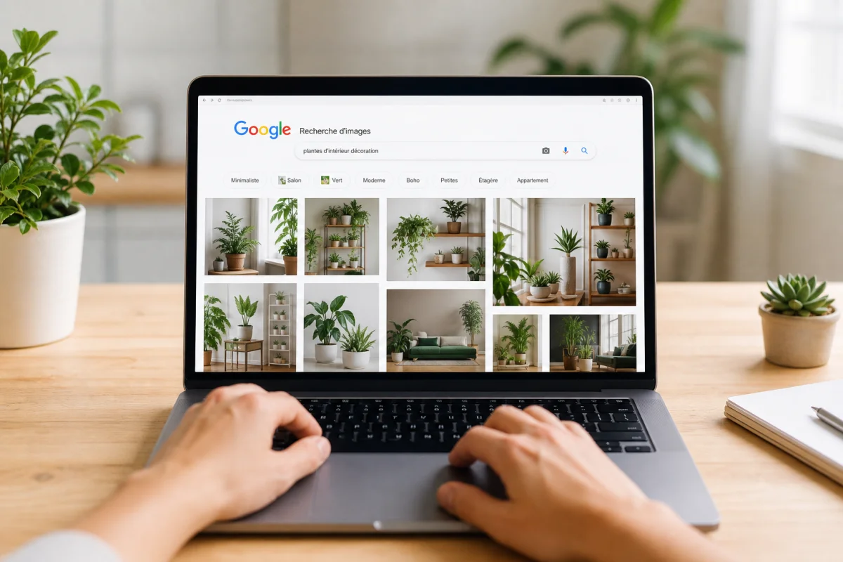 Mains expertes utilisant un ordinateur pour apprendre comment savoir si une photo est libre de droit en ligne.