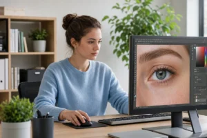 Jeune femme utilisant un logiciel de retouche photo sur ordinateur pour enlever les yeux rouges sur un portrait.