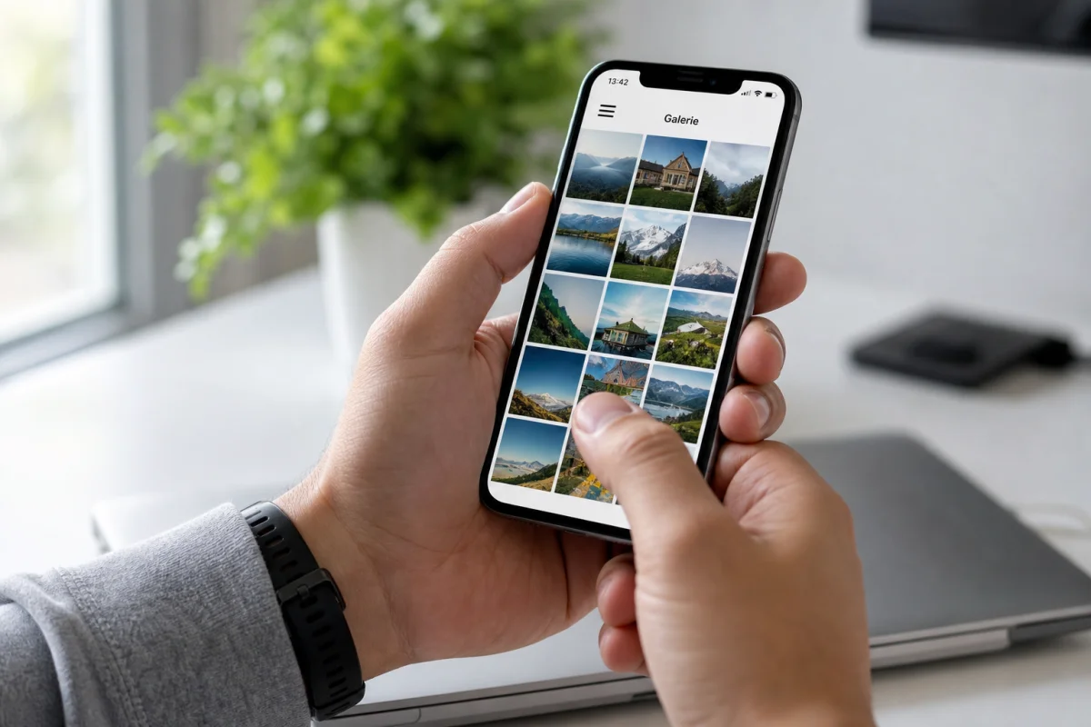 Personne utilisant un smartphone pour gérer sa galerie photo dans un bureau lumineux et épuré.