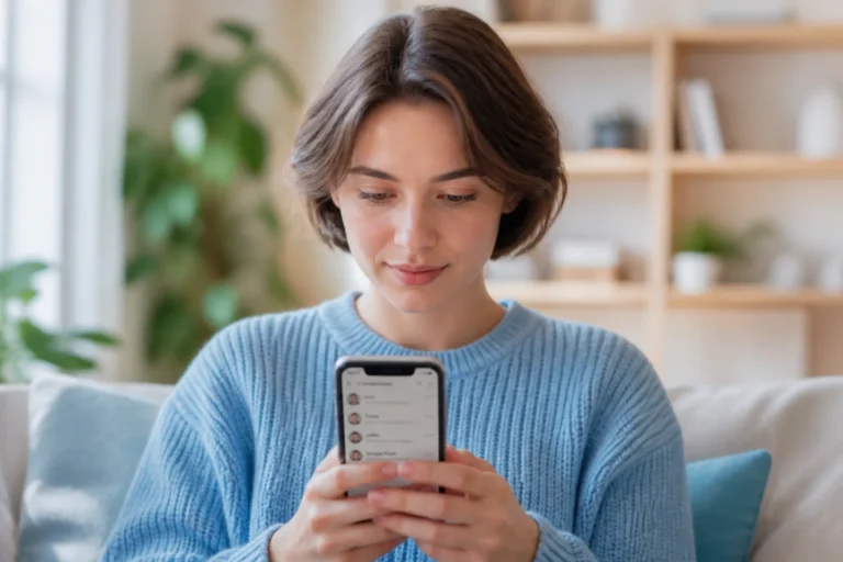 Jeune femme consultant son smartphone dans un salon lumineux pour apprendre comment supprimer une photo sur WhatsApp pour les deux personnes.