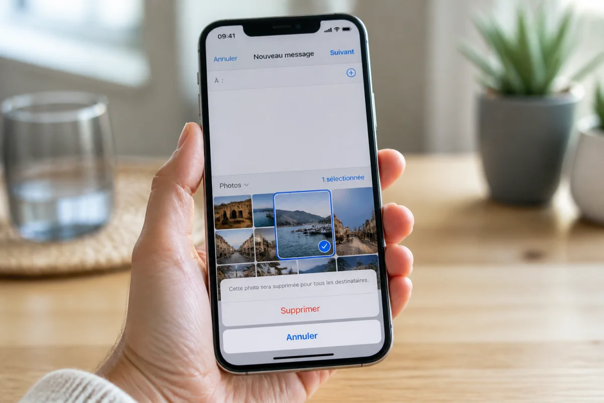 Main tenant un smartphone affichant l'option pour supprimer une photo sur WhatsApp pour les deux personnes.