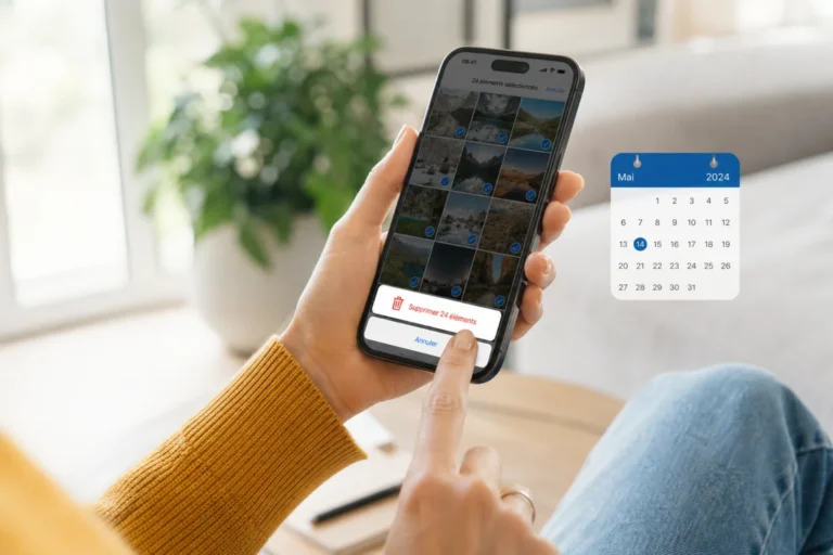 Main tenant un smartphone pour apprendre comment supprimer toutes les photos de Google Photo dans un salon lumineux.