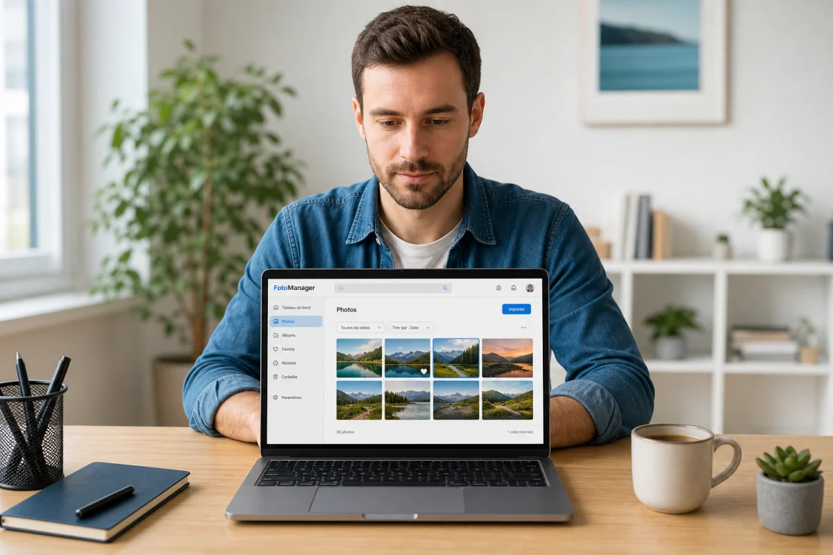 Personne utilisant un ordinateur pour apprendre comment supprimer toutes les photos de Google Photo dans un bureau moderne.