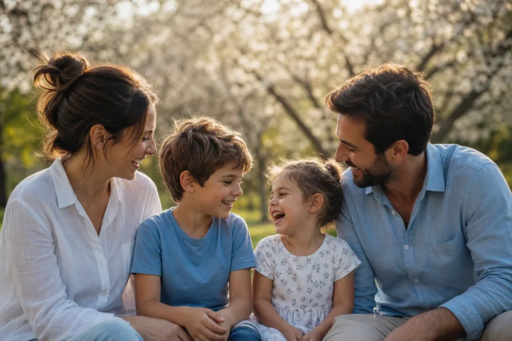 Famille souriante profitant d'une séance photo professionnelle en extérieur pour illustrer combien coûte un shooting photo.