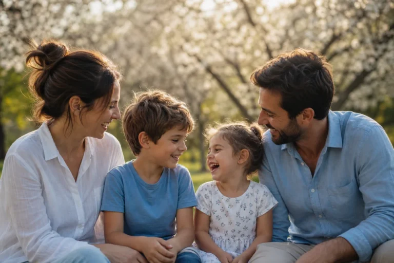 Famille souriante profitant d'une séance photo professionnelle en extérieur pour illustrer combien coûte un shooting photo.