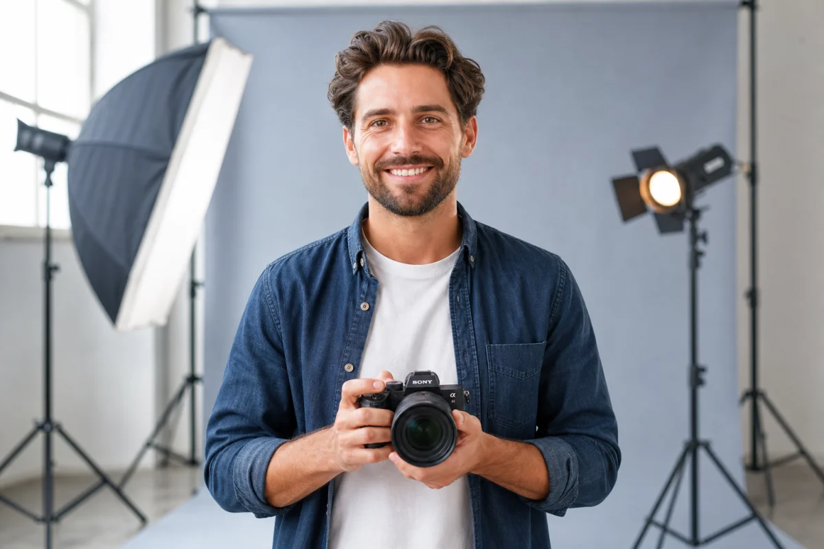 Photographe professionnel souriant tenant un appareil photo hybride dans un studio lumineux pour un shooting photo.