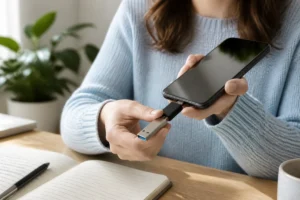 Mains connectant une clé USB à un smartphone avec un adaptateur pour transférer des photos sur un bureau.