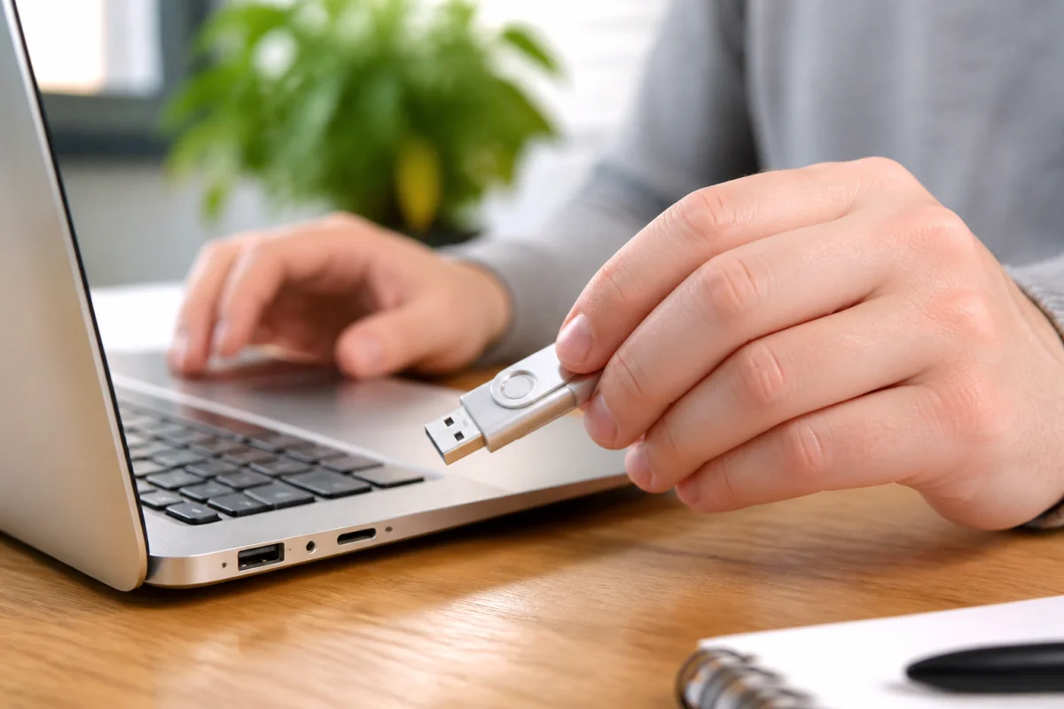 Mains tenant une clé USB au-dessus d'un ordinateur portable pour expliquer comment transférer photo sur clé USB.