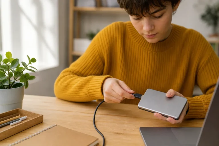 Personne connectant un câble USB à un disque dur externe pour transférer des photos depuis Google Photos.