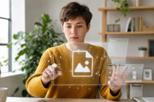 Personne manipulant une interface numérique pour expliquer comment transformer une photo en jpeg sur un bureau lumineux.