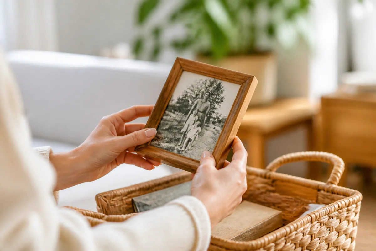 Mains tenant une vieille photo au-dessus d'un panier, illustrant le tri et la question peut on jeter des photos.