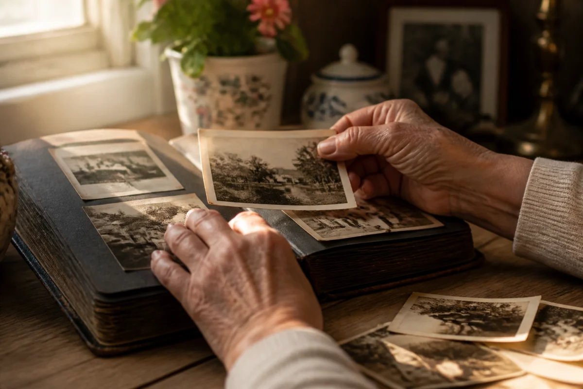 Mains d'une personne feuilletant un album photo ancien en cuir pour illustrer que faire des vieilles photos de famille.