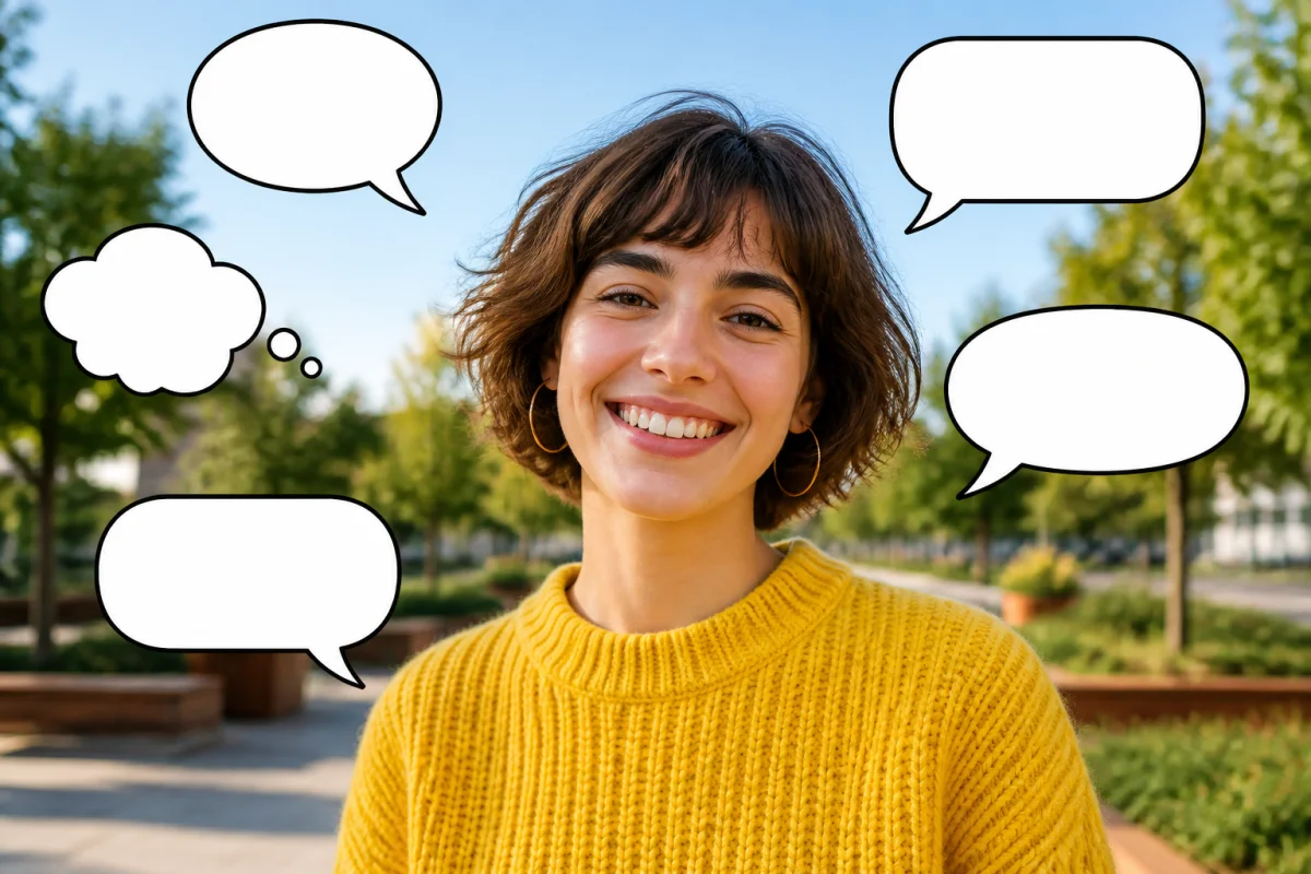 Jeune femme souriante en pull jaune entourée de bulles de texte dans un parc pour illustrer comment mettre des bulles.