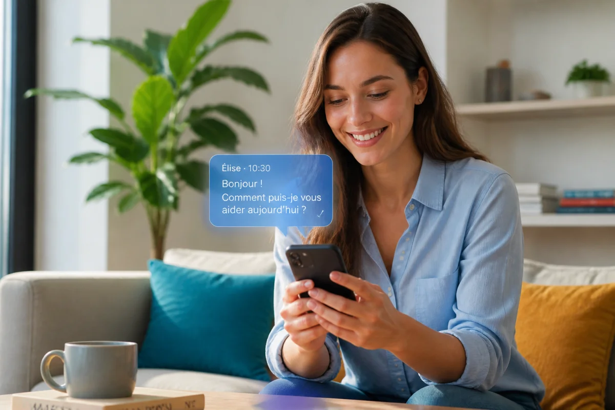 Jeune femme souriante utilisant son smartphone avec une bulle de dialogue numérique pour illustrer comment mettre des bulles.