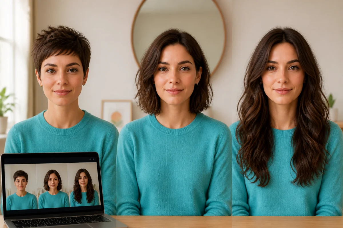 Essai de coiffure virtuelle gratuit avec ma photo montrant une coupe pixie, un carré et des cheveux longs dégradés.