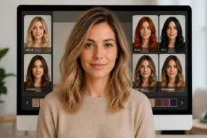 Coiffure virtuelle gratuite avec ma photo, montrant plusieurs coupes et couleurs de cheveux réalistes comparées sur écran.