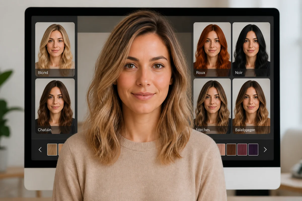 Coiffure virtuelle gratuite avec ma photo, montrant plusieurs coupes et couleurs de cheveux réalistes comparées sur écran.