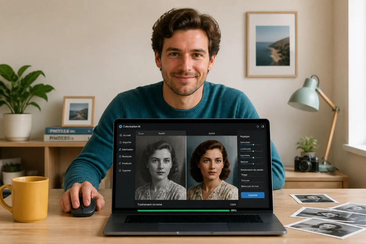 Comment coloriser une photo noir et blanc avec une intelligence artificielle, aperçu avant-après sur ordinateur