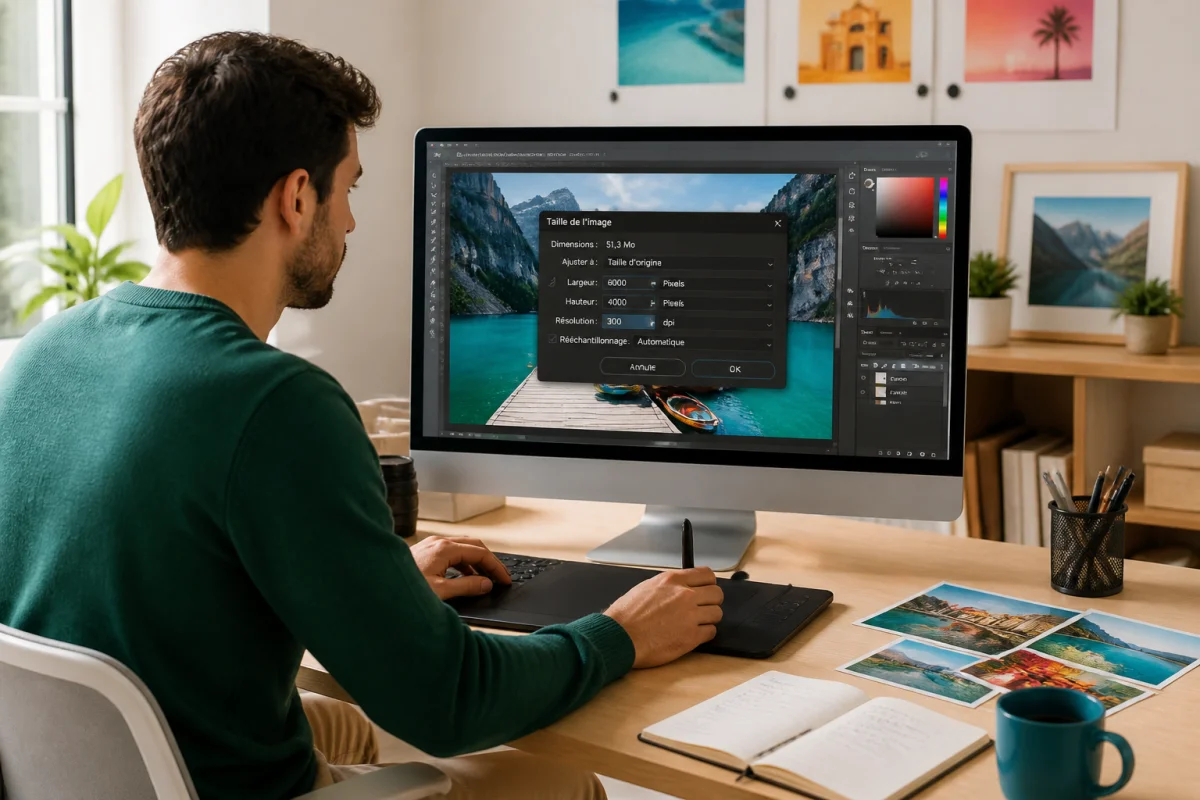 Personne vérifiant une photo en 300 dpi dans un logiciel de retouche, avec paramètres de résolution affichés à l’écran